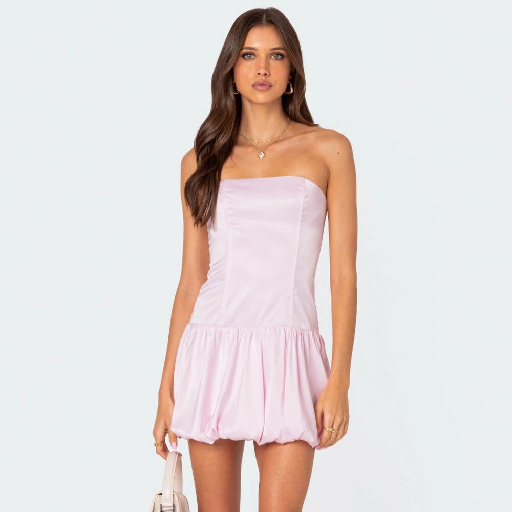 Edikted Bubble Skirt Satin Mini Dress: Light Pink (S)